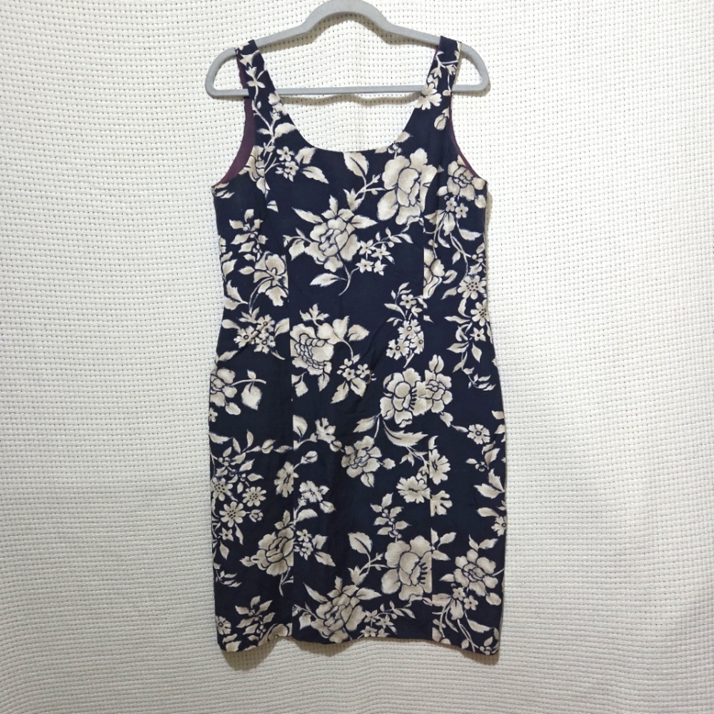 Jones New York Silk & Linen Blend Floral Navy and White Sleeveless Dress